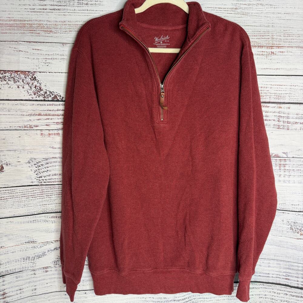 Woolrich Mens Large Red Waffle Knit Quarter Zip Pullover Cotton Sweater